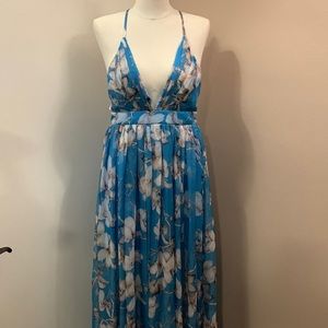 FLORAL Chiffon Blue Open Back Sleeveless Maxi Dress size S